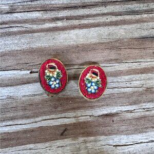 Vintage Italian Micro Mosaic Clip-On Earrings With Red Floral Design & Gold-Tone